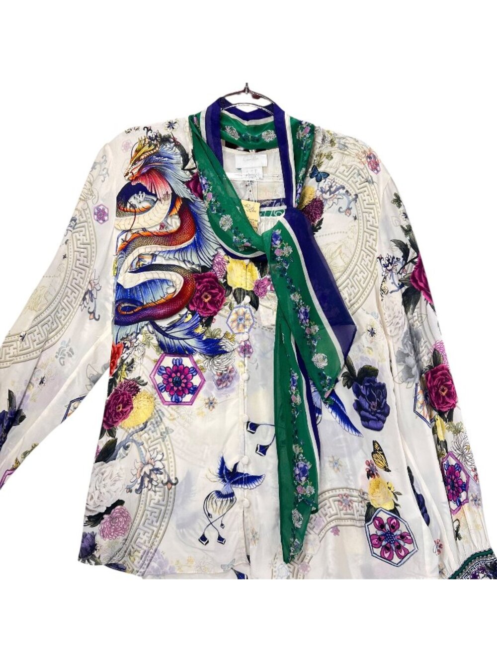 NWT Camilla Silk Blouse Med Gentle Moon Dragon Floral Embellished Detachable Tie